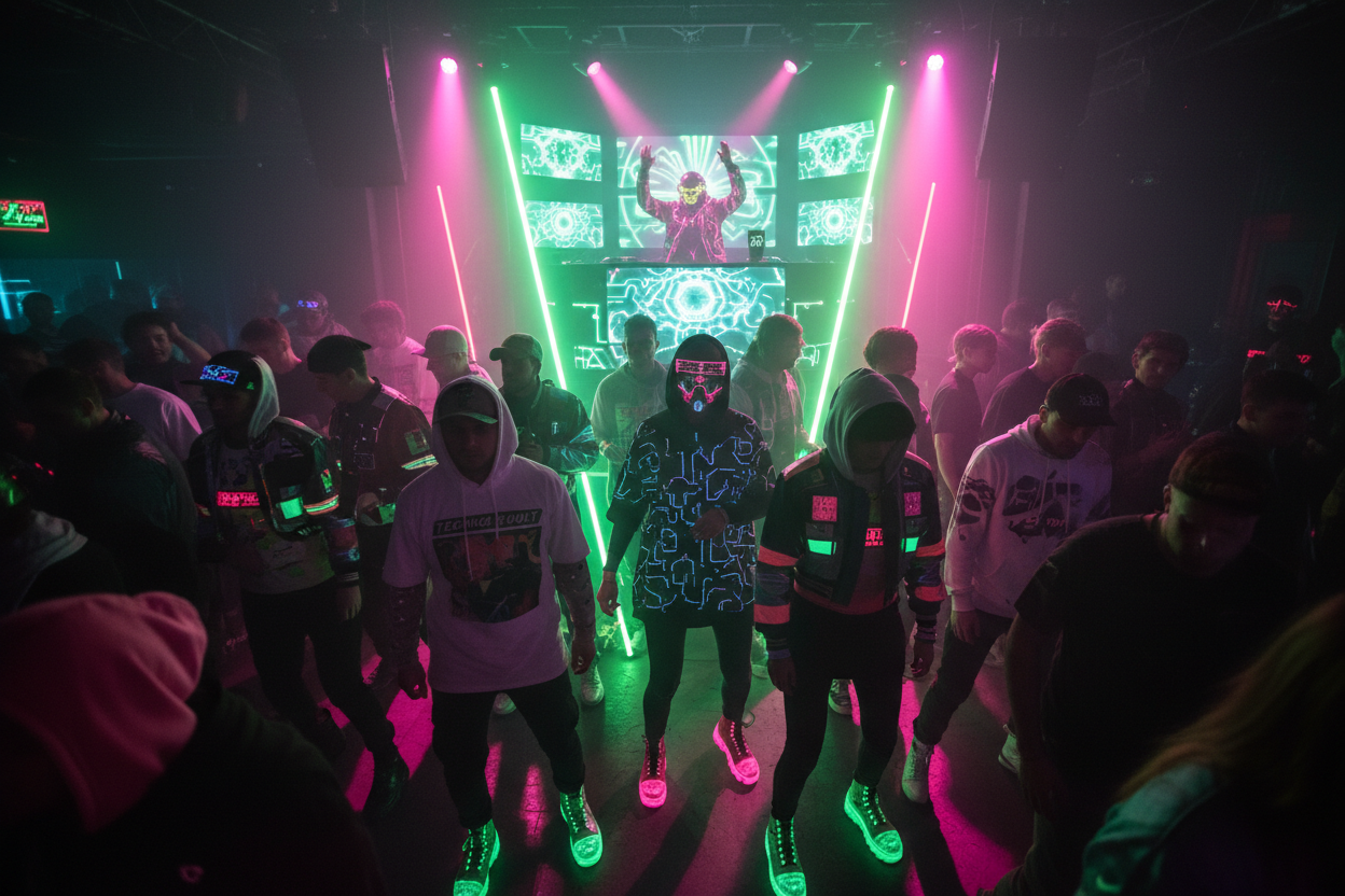 a crowded nightclub, with the neon's of pink and green dancing techno music, cyberpunk are everywhere, and they are all wearing clothing from this shop