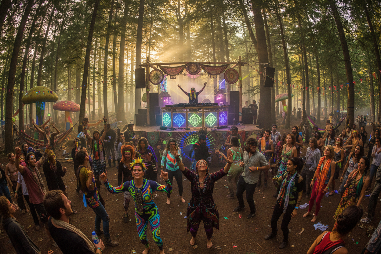 people wearing my apparel dancing in a forest to psytrance music. some are in costume, some aren't. in the middle there's a dj playig